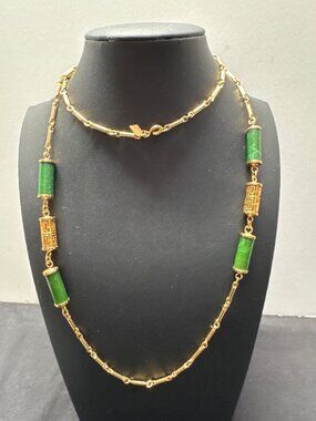 Sarah Coventry Vintage Gold-Tone Necklace With Green Jade-Style Beads & Filigree